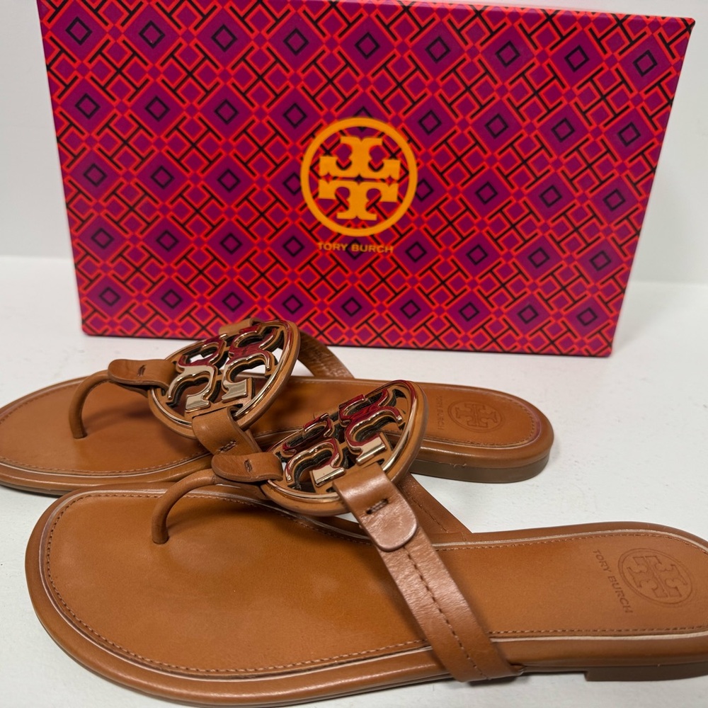 Tory Burch Tan Leather Miller Sandals with Gold Logo - Picture 2 of 5